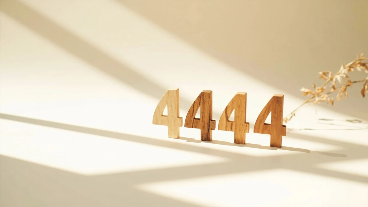 Numero angelico 444 ripetuto su una superficie chiara con luce morbida