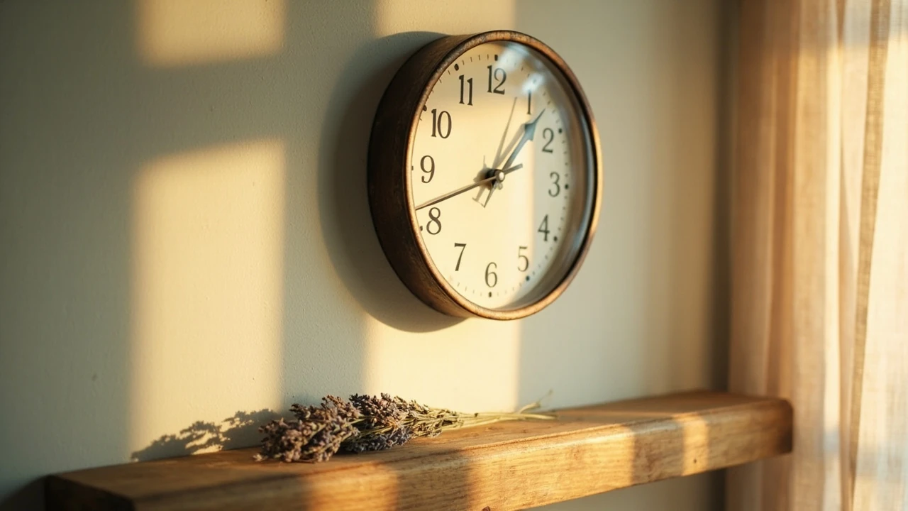 Orologio che segna le 14:41, sfondo morbido e luminoso, atmosfera contemplativa